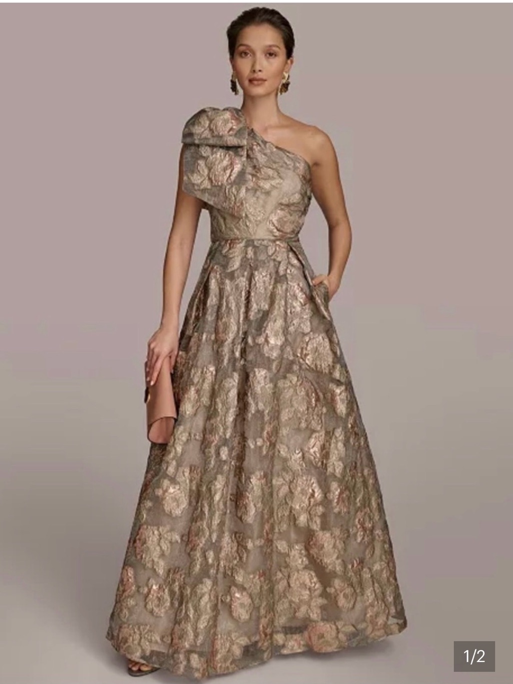 Donna Karan One-Shoulder Metallic Jacquard Floral Gown Wedding *Altered